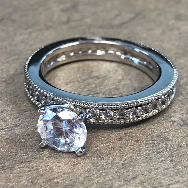 14K White Gold Milgrain Diamond Accent Engagement Ring
